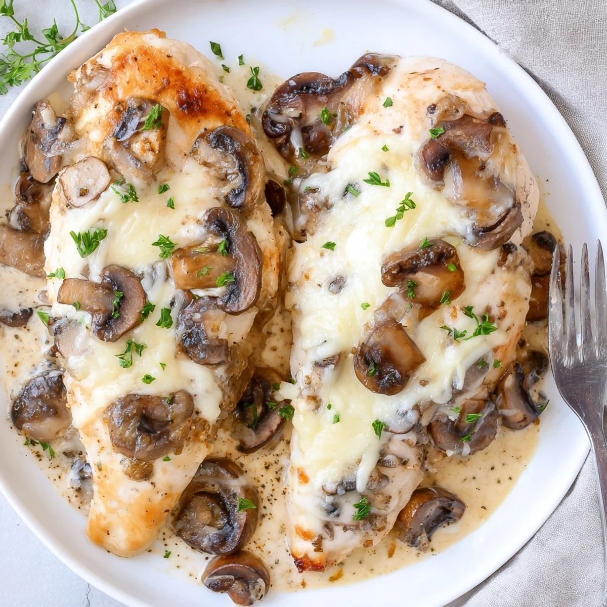Slice of Cheesy Chicken Mushroom Bake served alongside creamy mashed potatoes, herb garnish