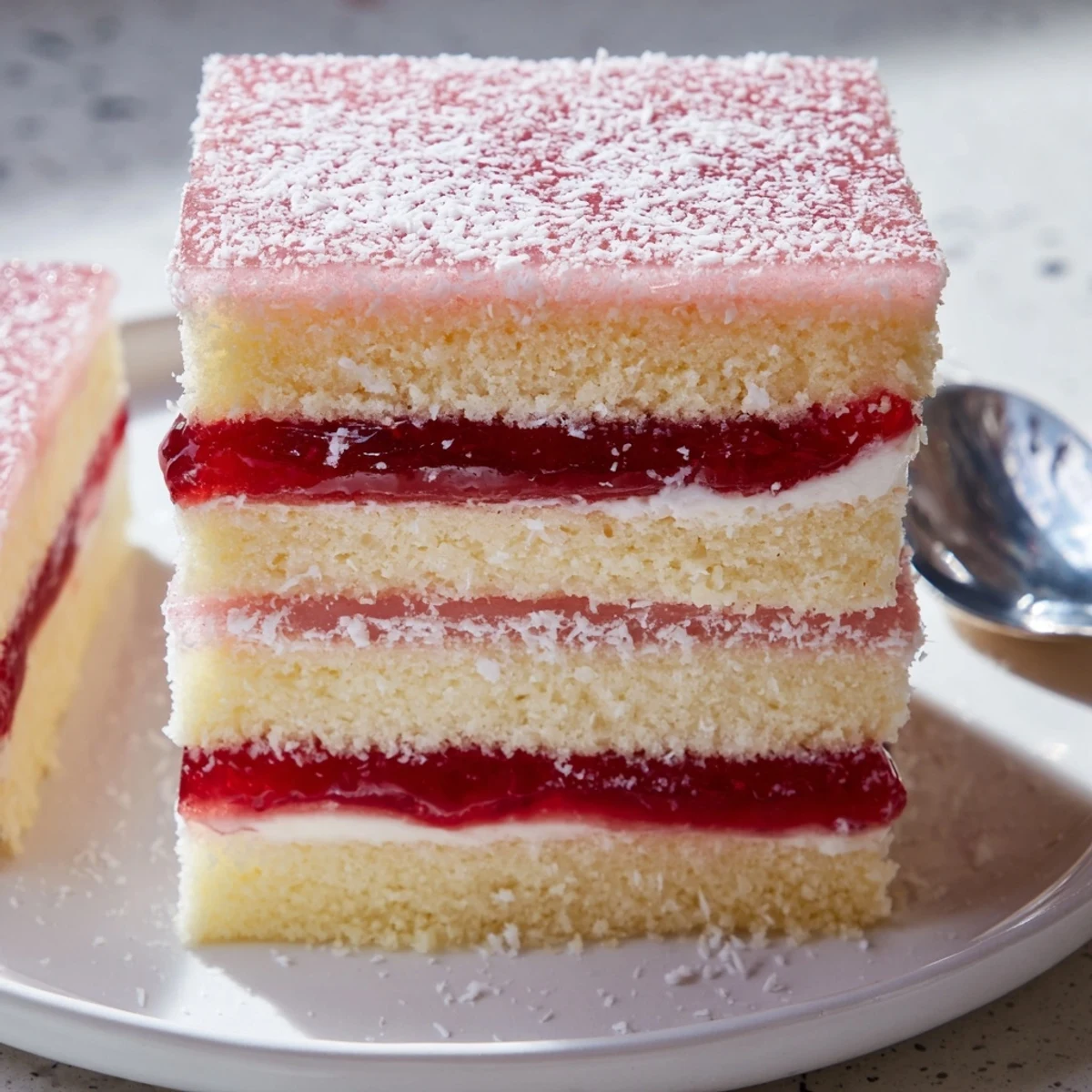 Old Fashioned Pink Jelly Cakes with glossy raspberry jelly coating and coconut