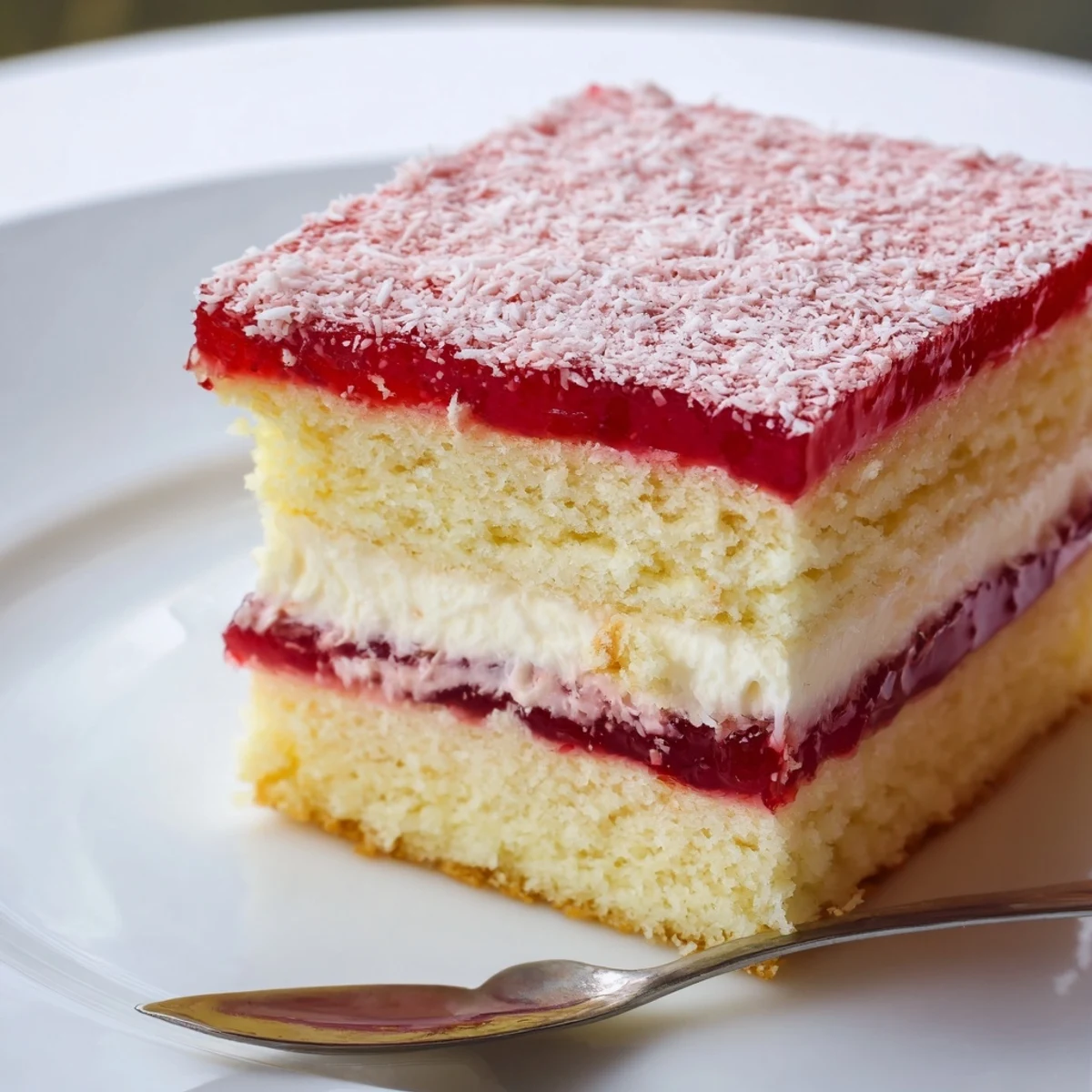 Plated Old Fashioned Pink Jelly Cakes, pillowy sponge sandwiched with whipped cream