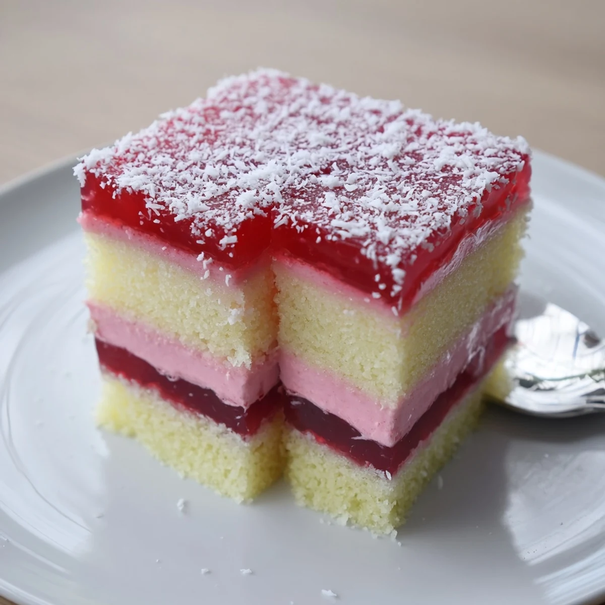 Old Fashioned Pink Jelly Cakes chilled on a wire rack, sticky coconut exterior