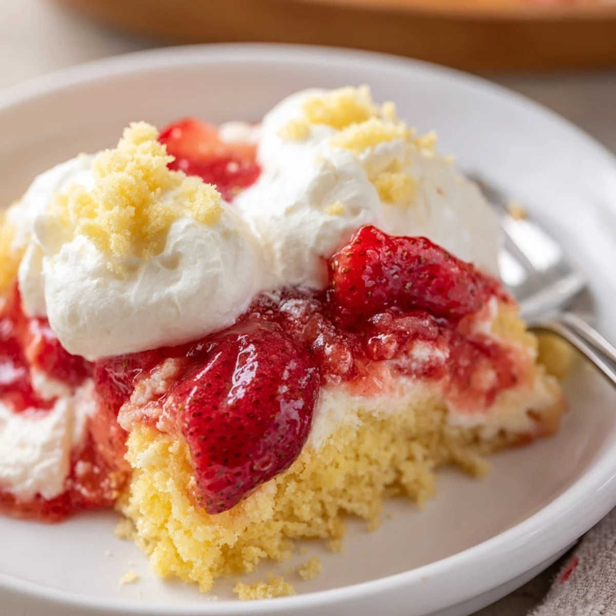 Strawberry Cheesecake Dump Cake with bubbling strawberries, golden crust and whipped cream