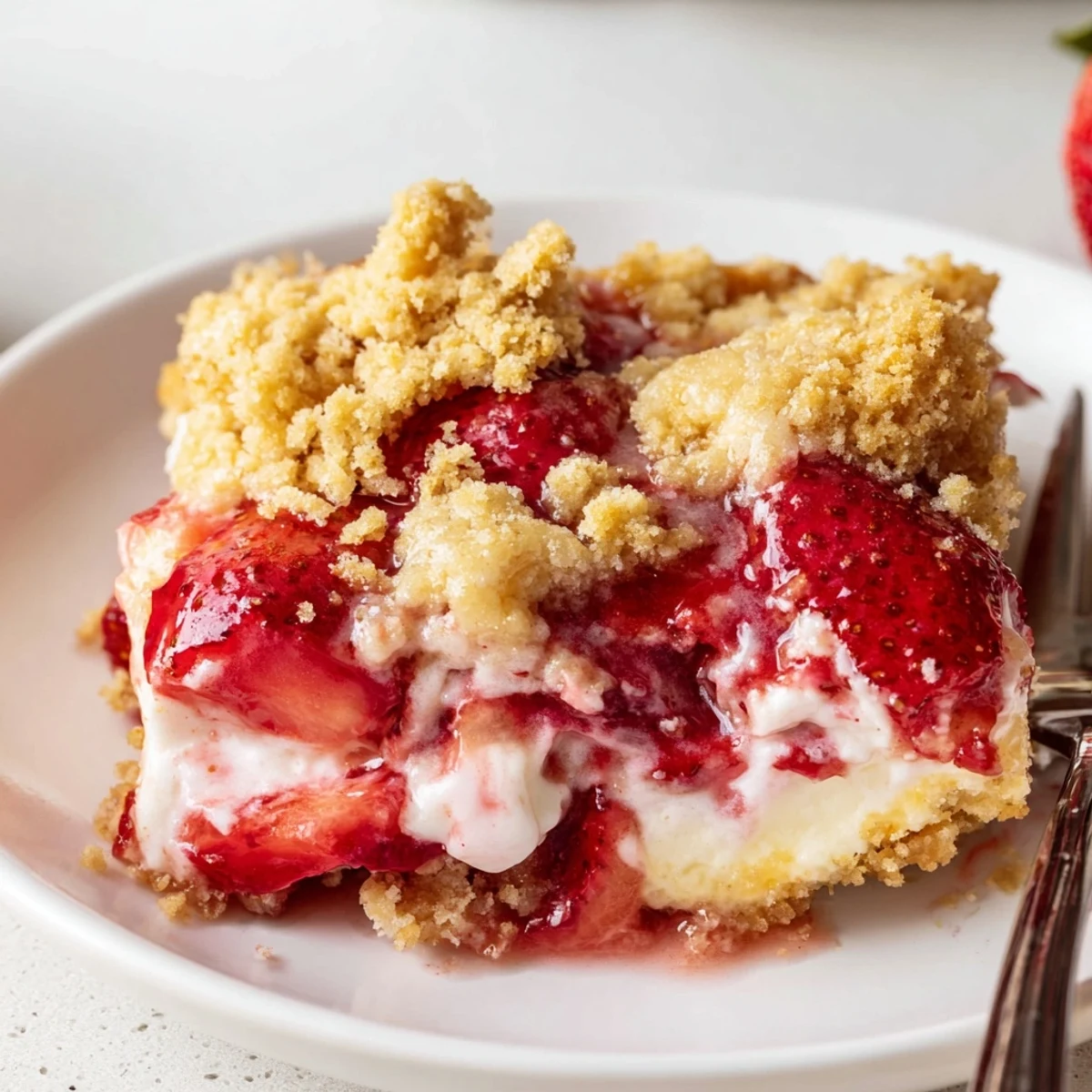 Homestyle Strawberry Cheesecake Dump Cake cooling in a 9x13-inch pan, fragrant