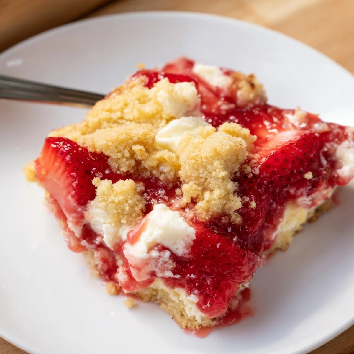 Warm Strawberry Cheesecake Dump Cake topped with a melting vanilla ice cream