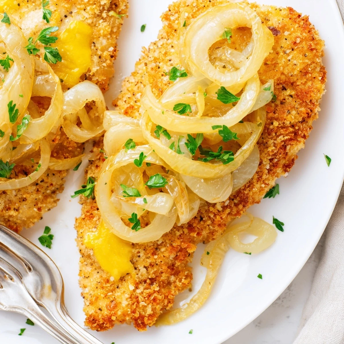 Oven-browned Crispy Chicken Caramelized Onions Melted Cheese topped with fresh parsley  