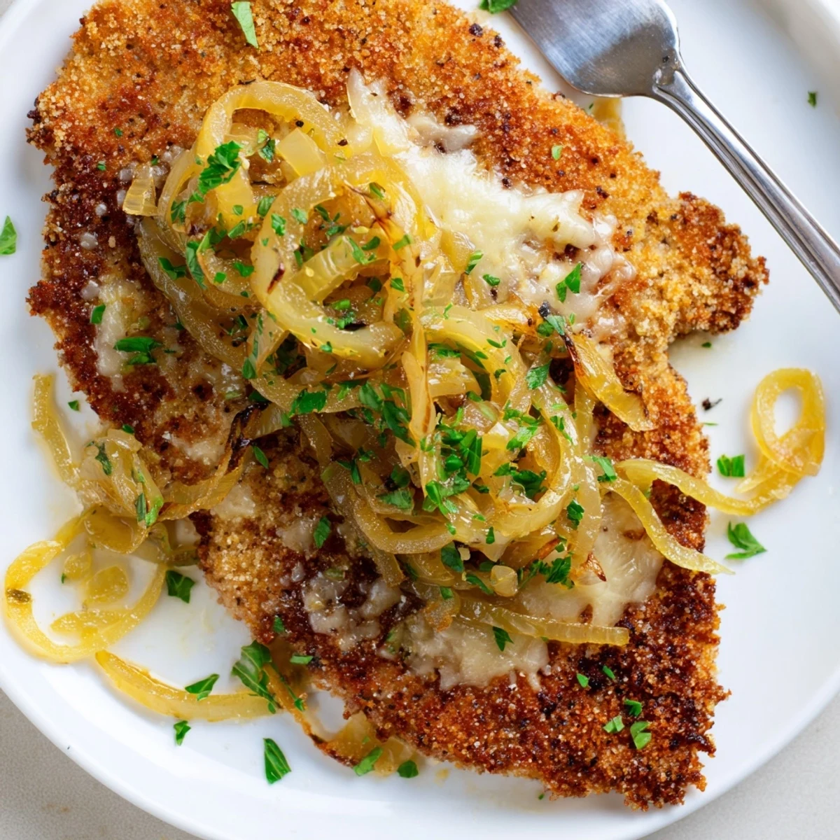 Close-up of Crispy Chicken Caramelized Onions Melted Cheese bubbling golden, served warm  