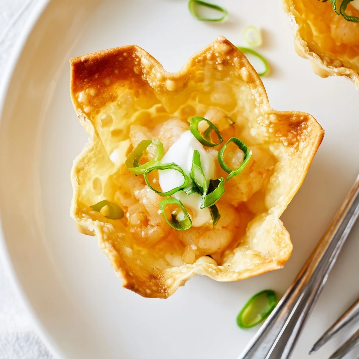 Golden platter of Crispy Shrimp Wonton Cups With Lime Cream and spring onions