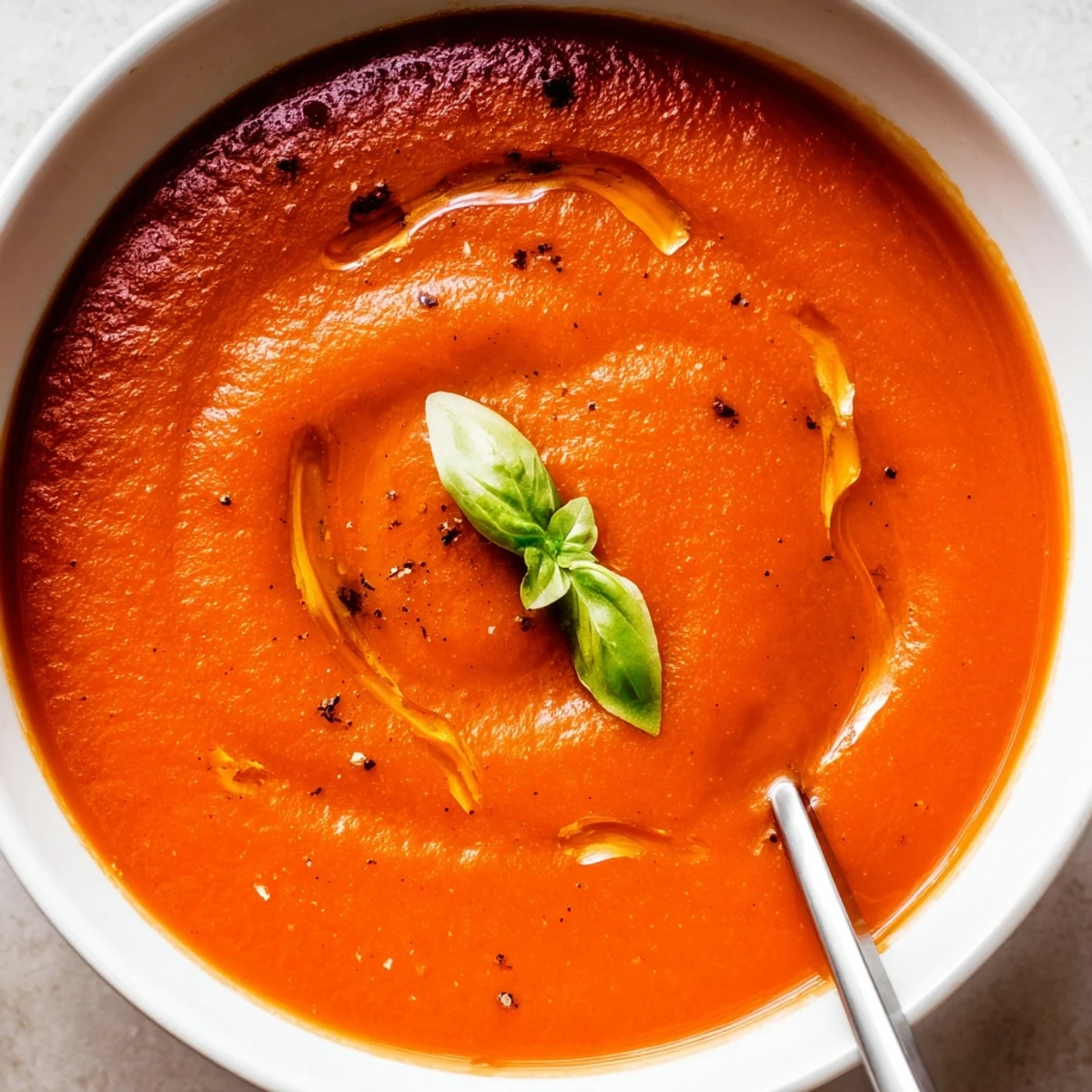 Tomato Soup steaming in a bowl, silky texture, basil garnish and bread.