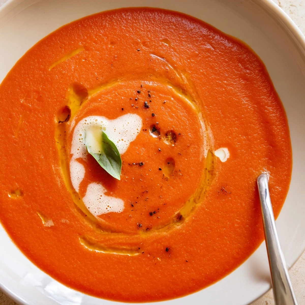 Warm Tomato Soup blended smooth with roasted tomatoes, garlic aroma, crusty sandwich.