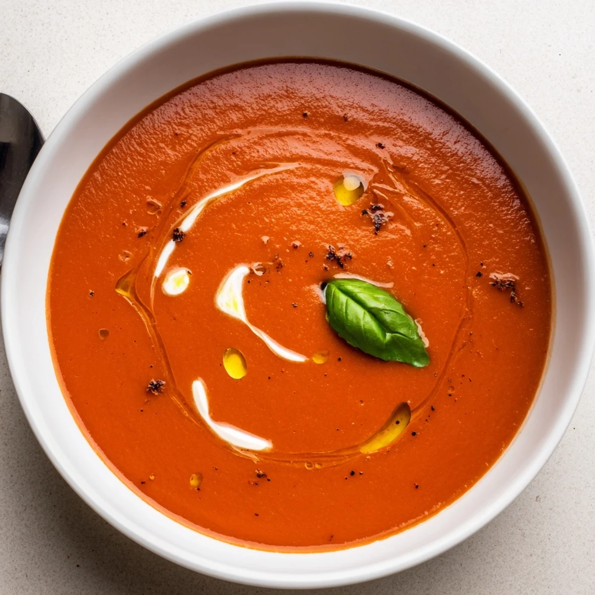Bowl of Tomato Soup with a swirl of cream, carrot sweetness visible.