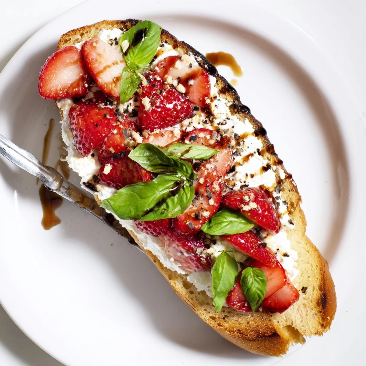 Close-up of Strawberry Ricotta Bruschetta drizzled with balsamic glaze and honey