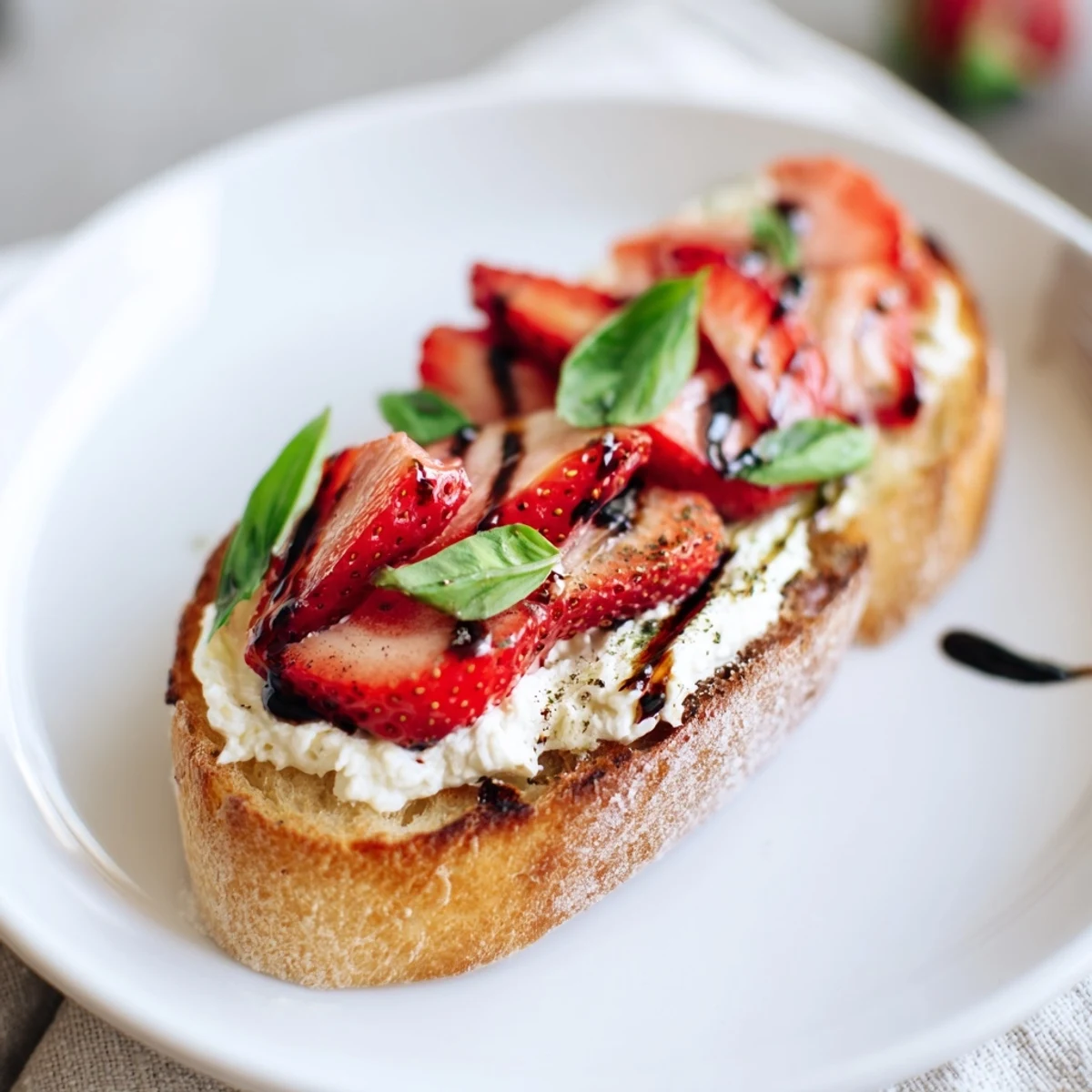 Strawberry Ricotta Bruschetta on golden toasted baguette, creamy ricotta, fragrant basil