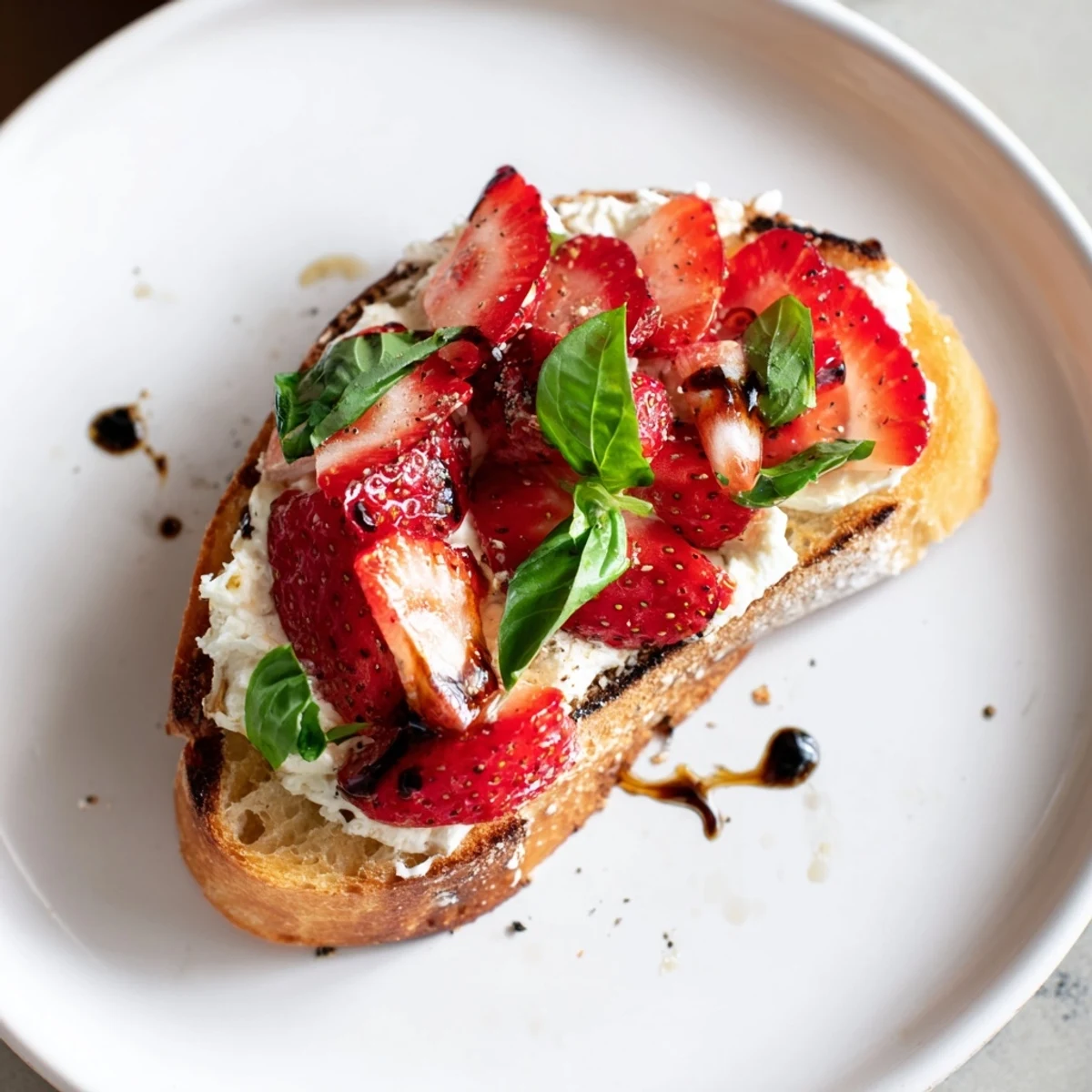 Toasted slices topped with Strawberry Ricotta Bruschetta, sweet basil and cracked pepper