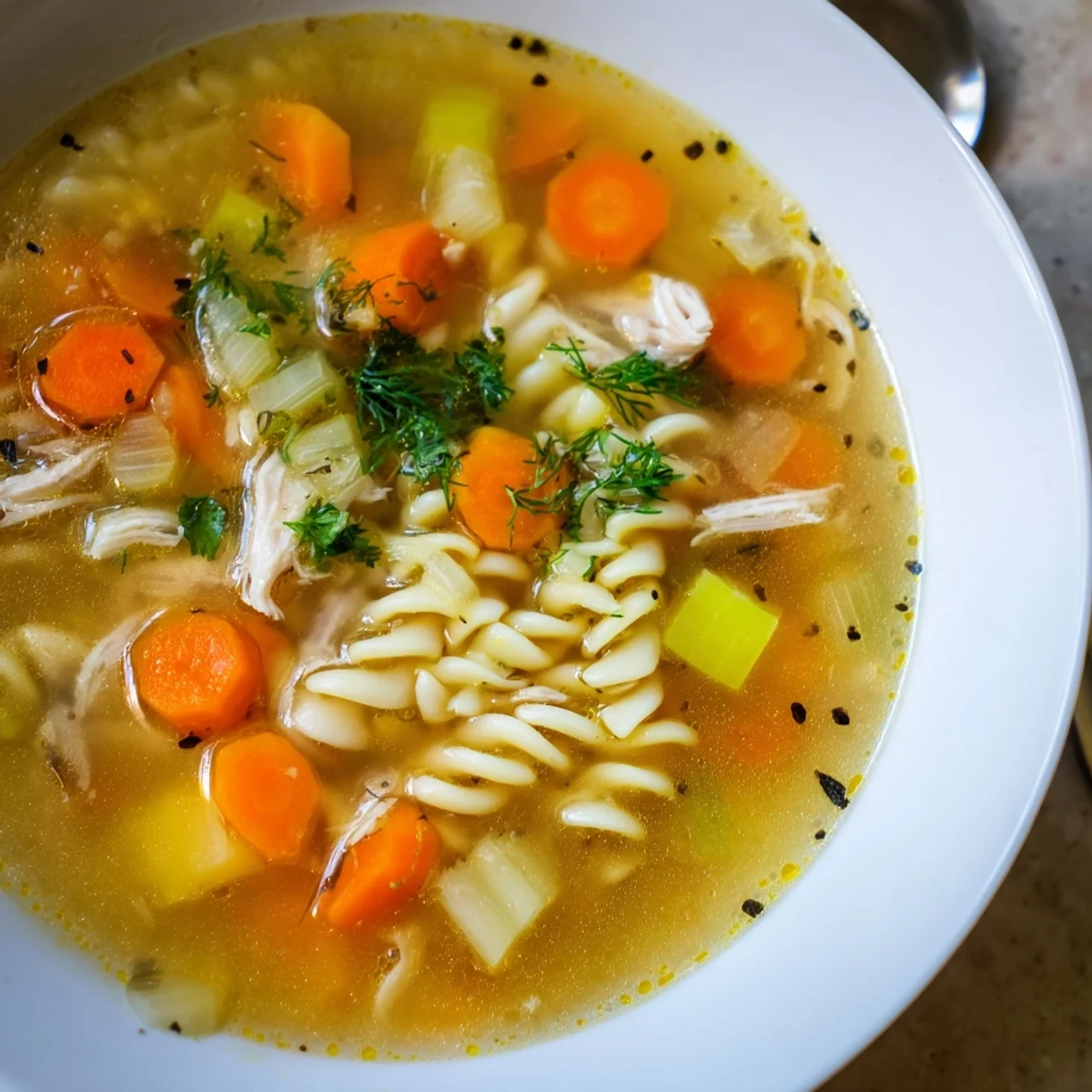Hearty Chicken Soup steaming in a bowl with tender vegetables and herbs