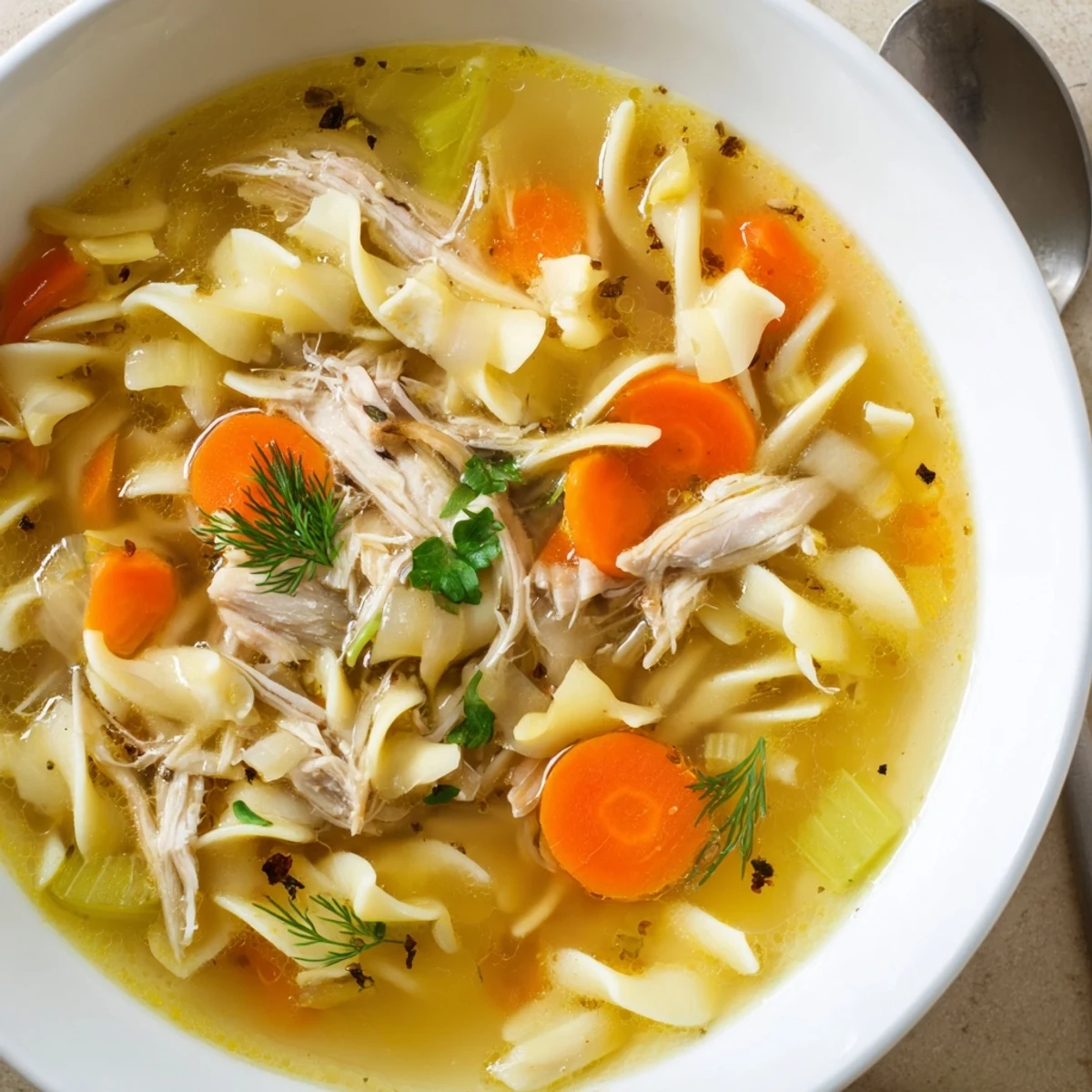 Classic Chicken Soup ladled into bowl, garnished with parsley, crusty bread