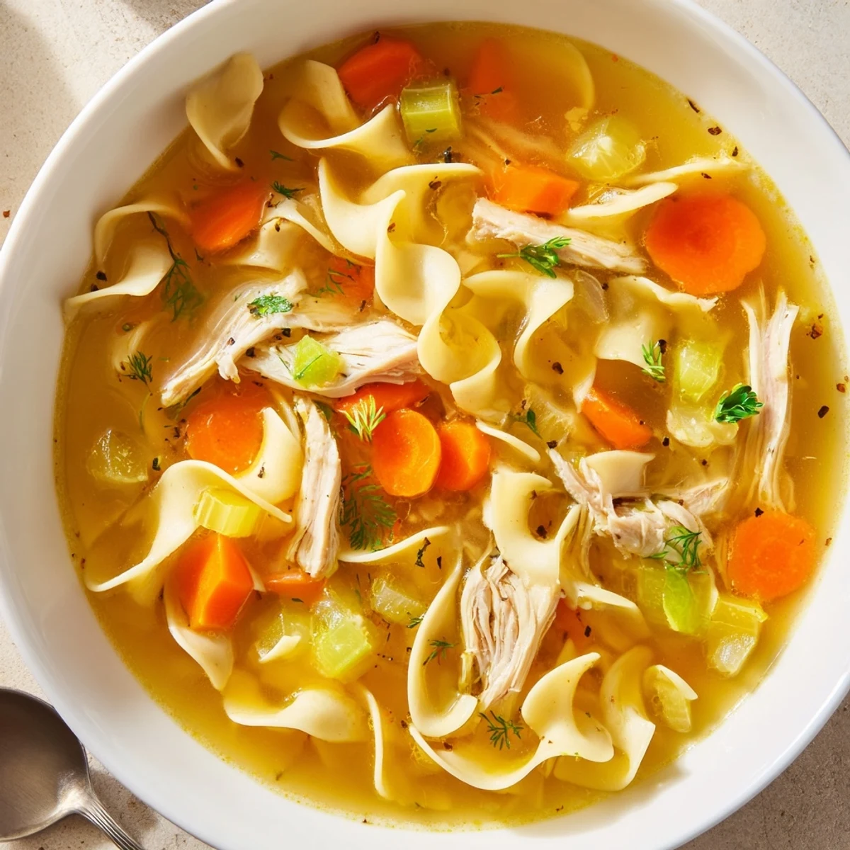 Warm Chicken Soup with rich golden broth, shredded meat and vegetables
