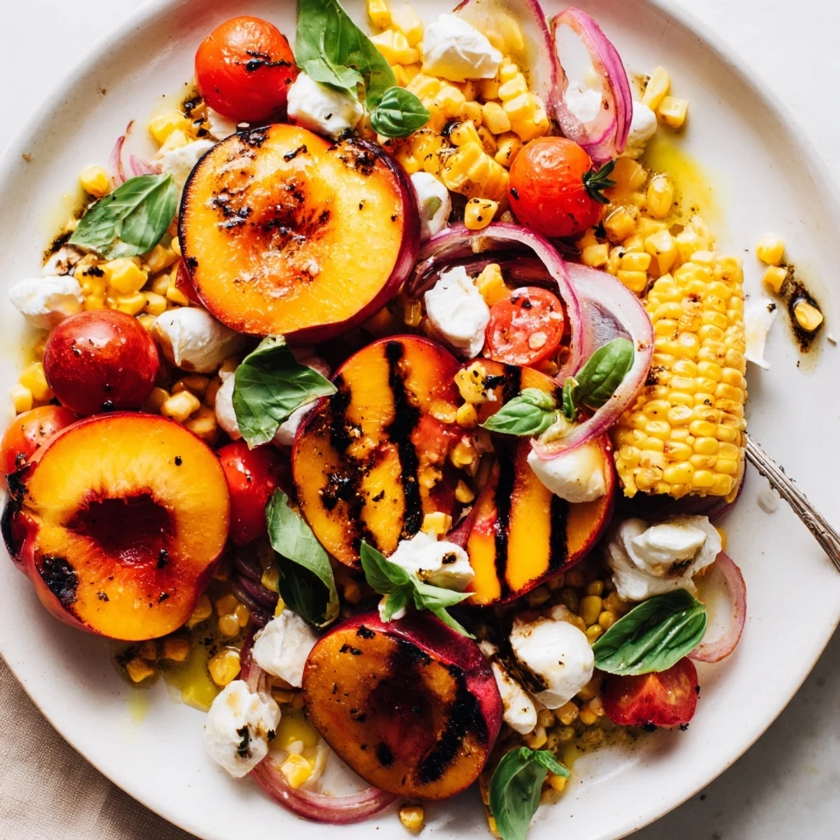 Charred, caramelized peaches and sweet kernels in Grilled Peach Corn Salad with Creamy Cheese