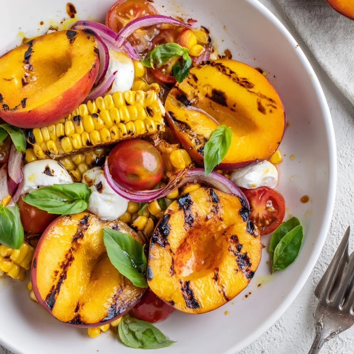 Grilled Peach Corn Salad with Creamy Cheese served with torn basil and cracked pepper