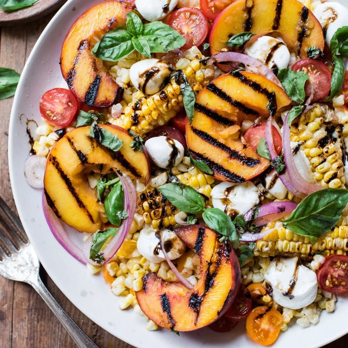Picnic-ready Grilled Peach Corn Salad with Creamy Cheese, juicy tomatoes and honey vinaigrette