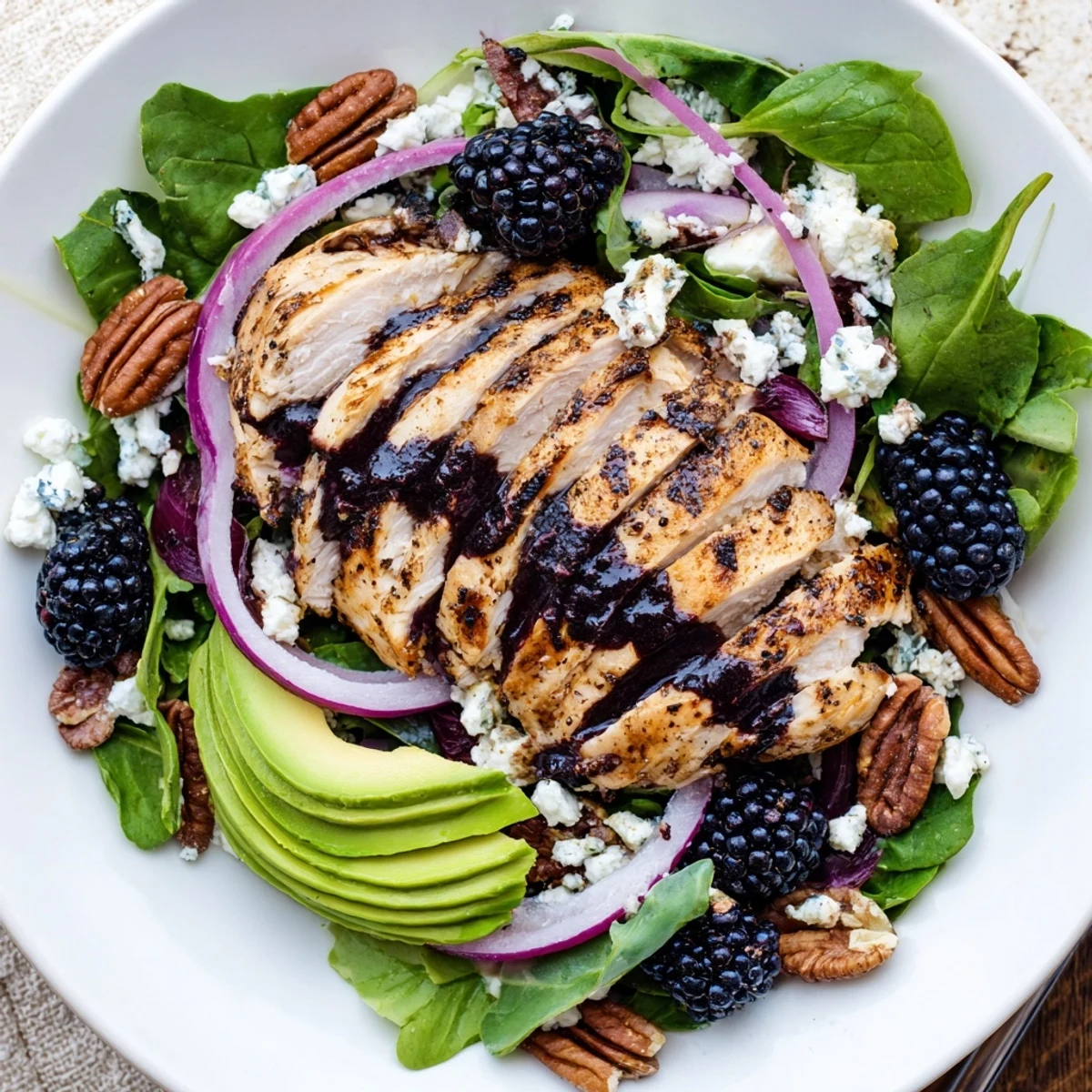 Sweet Tangy Blackberry Chicken Salad Recipe with sliced grilled chicken and glossy vinaigrette