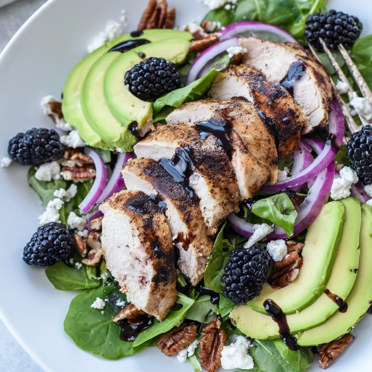 Serve Sweet Tangy Blackberry Chicken Salad Recipe immediately with tossed greens and tangy vinaigrette