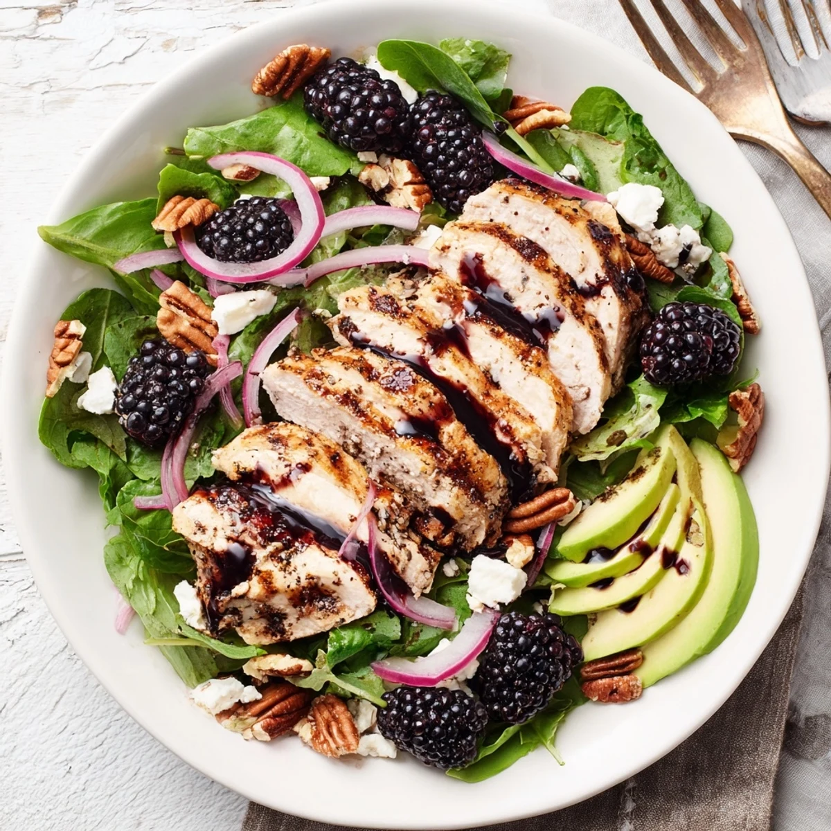 Bright Sweet Tangy Blackberry Chicken Salad Recipe—juicy blackberries, crunchy pecans, creamy avocado