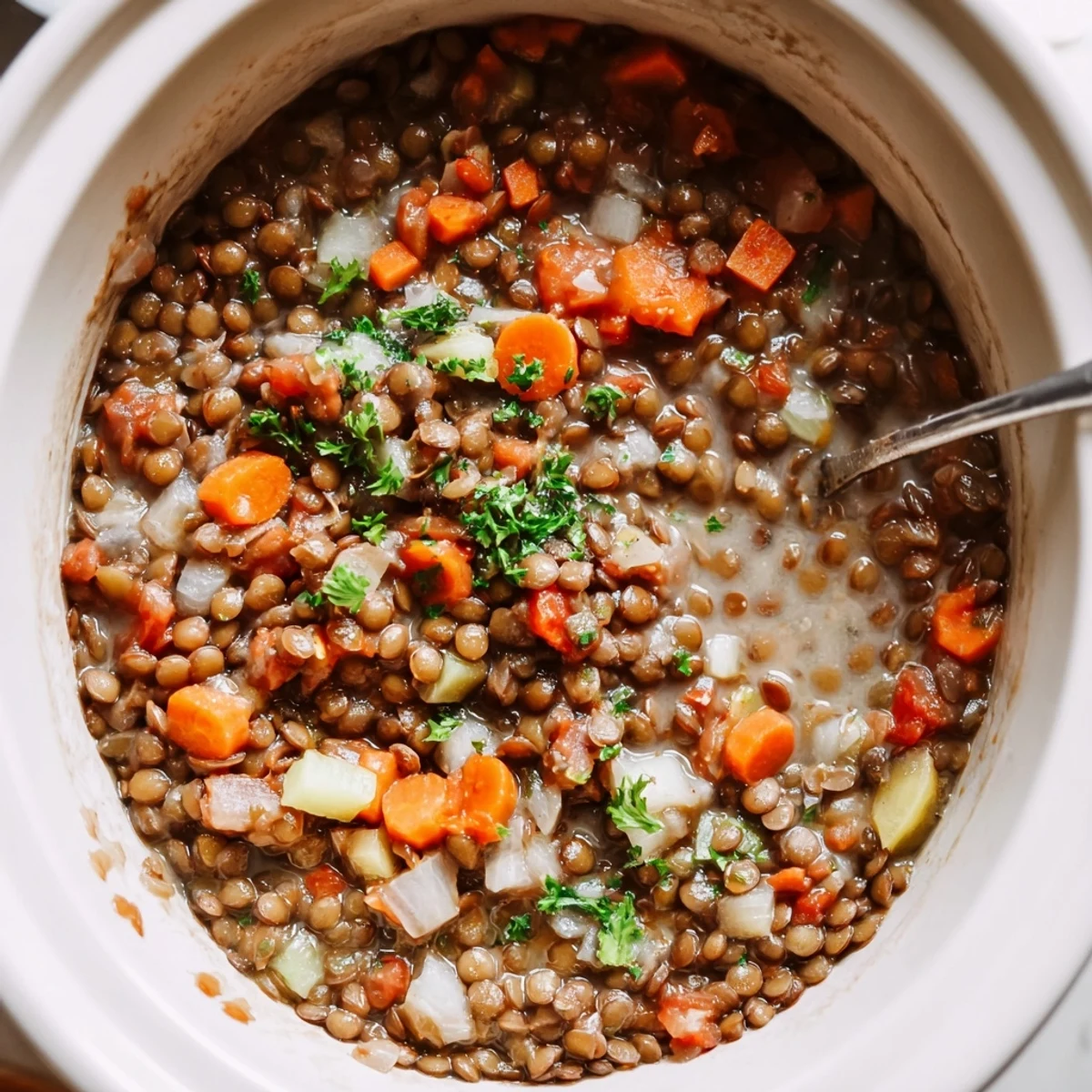Rustic pot of Lentil Soup ladled over rice, parsley garnish.