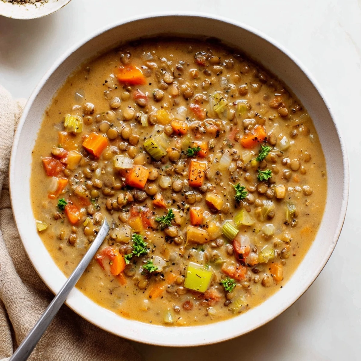 Steaming bowl of Lentil Soup with carrots, tomatoes, fragrant cumin aroma.