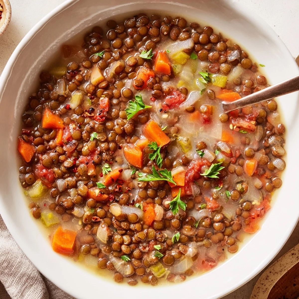Creamy textured Lentil Soup partially blended, lemon brightness and olive oil drizzle.
