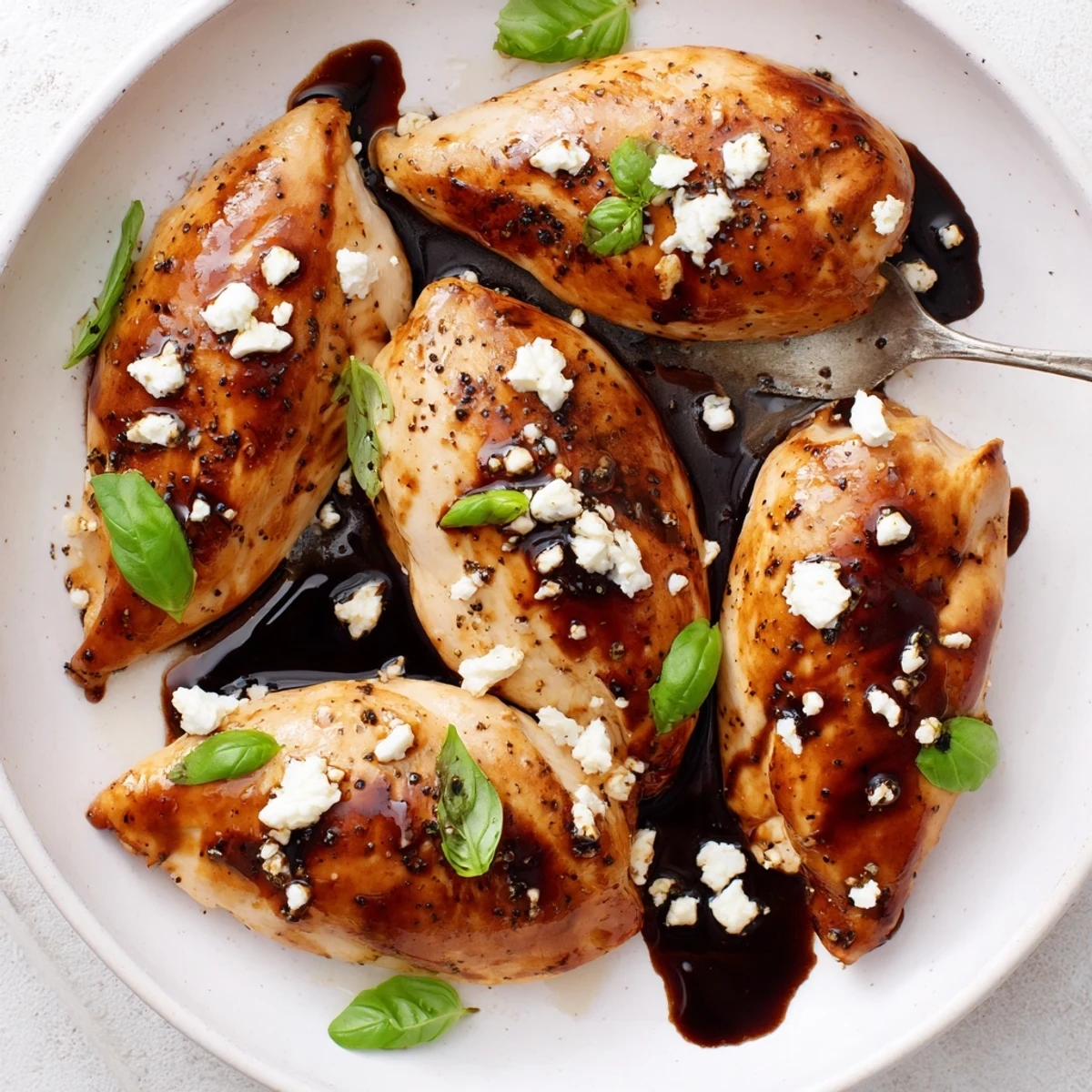 Oven-roasted Sweet Tangy Balsamic Chicken with Goat Cheese & Basil, glossy glaze