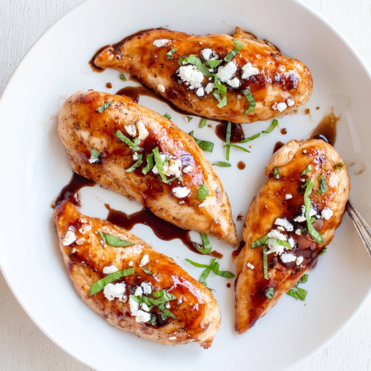 Sliced Sweet Tangy Balsamic Chicken with Goat Cheese & Basil over roasted vegetables