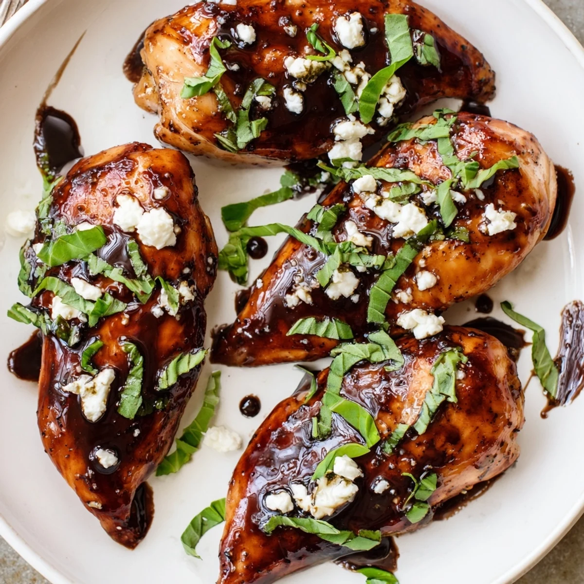 Warm Sweet Tangy Balsamic Chicken with Goat Cheese & Basil, drizzled balsamic reduction
