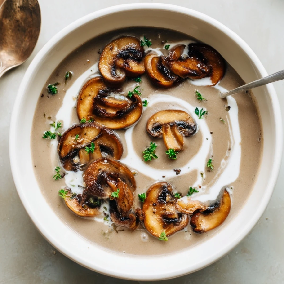 Warm Mushroom Soup with browned mushrooms, silky cream, and wooden spoon