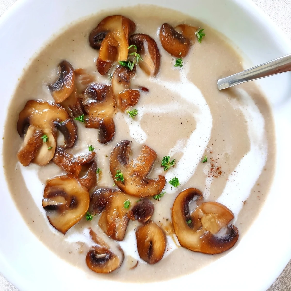 Creamy Mushroom Soup steaming in a bowl with parsley and crusty bread