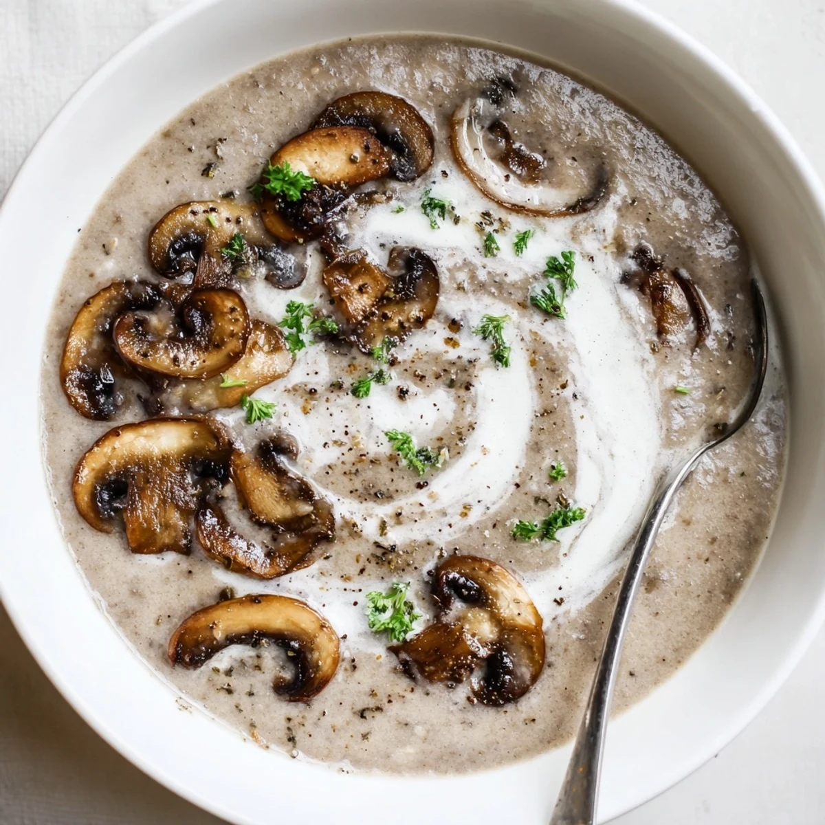 Hearty Mushroom Soup garnished with thyme, ladled into bowls beside toast