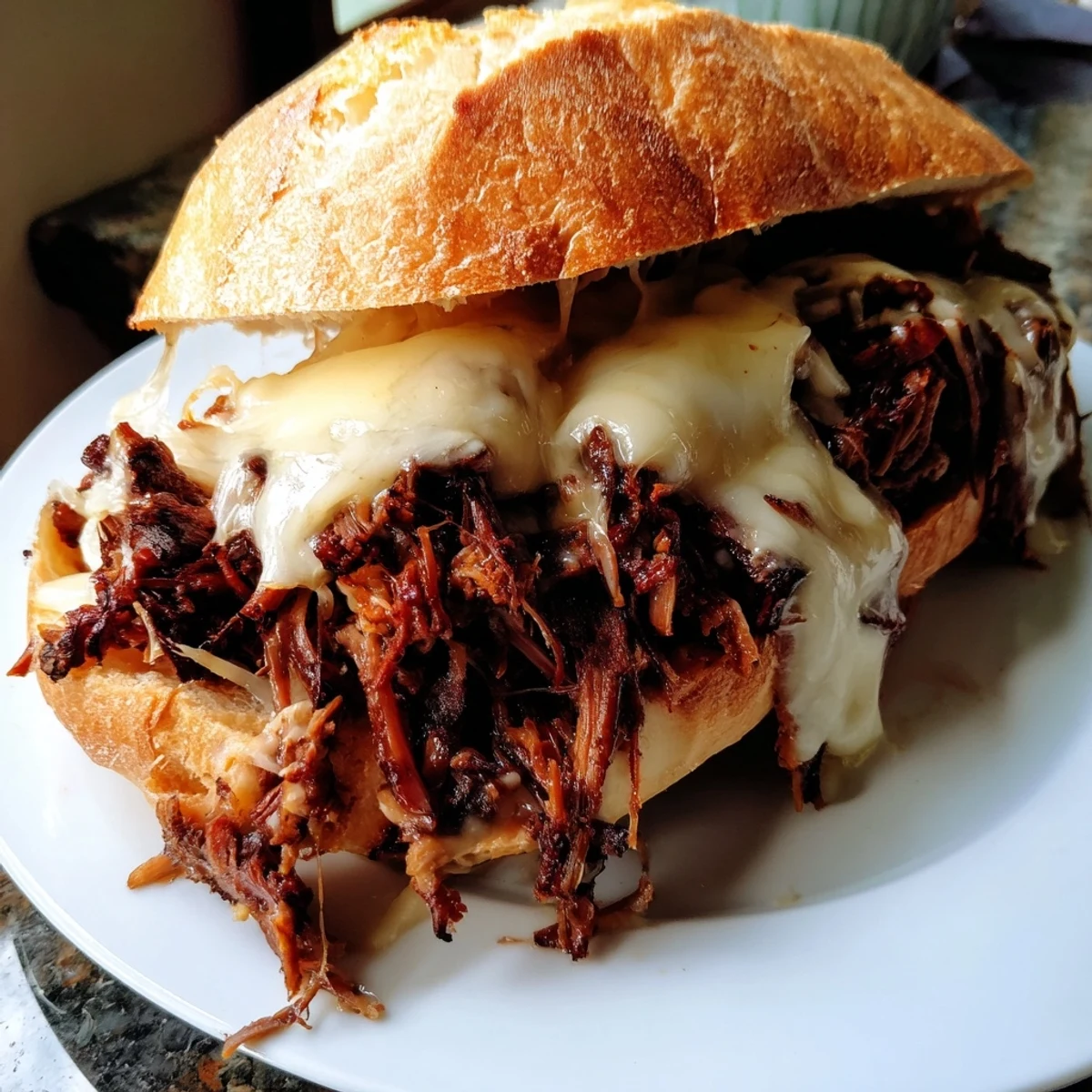 Savory slow-cooked Crockpot French Dip Sandwiches with melted provolone on toasted French rolls