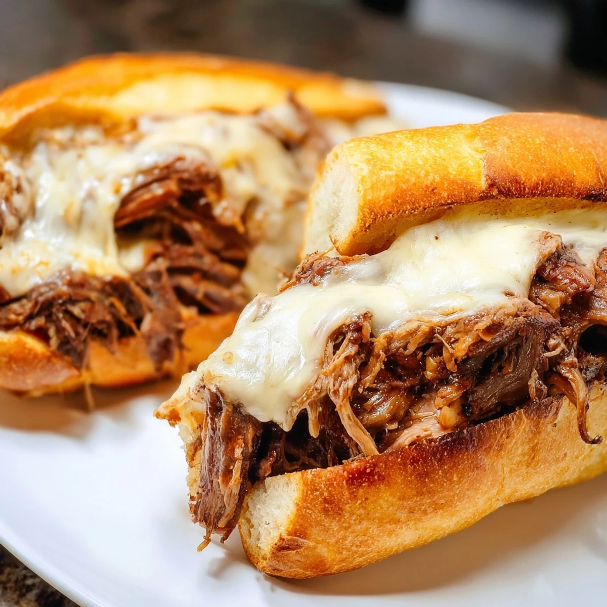 Tender shredded beef French Dip Sandwiches served with individual bowls of rich au jus for dipping