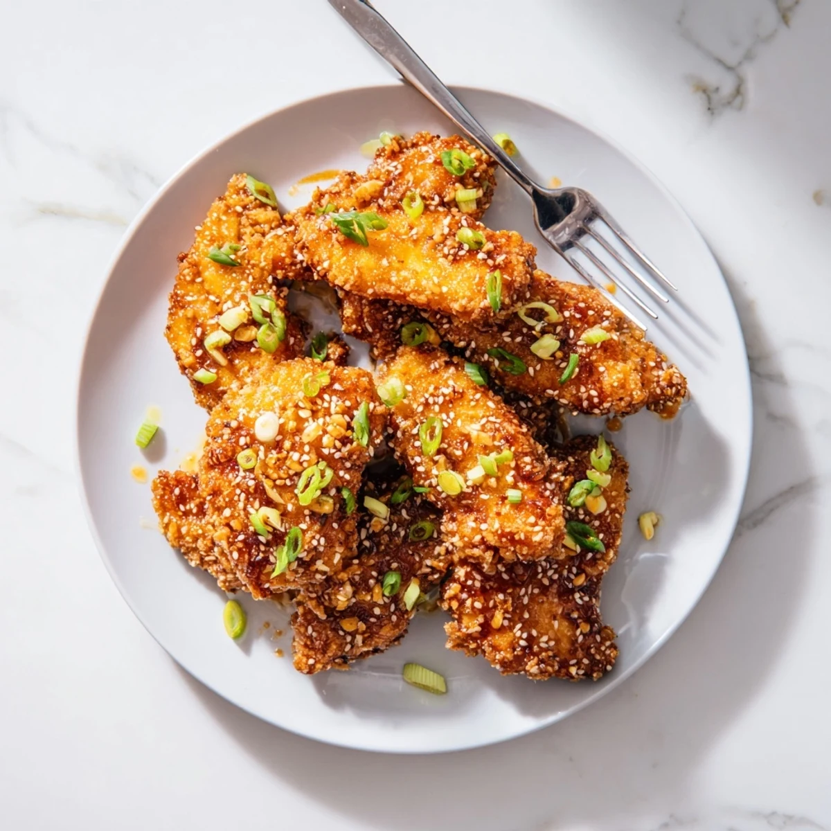 Crispy fried Double Crunch Honey Garlic Chicken pieces coated in honey garlic glaze