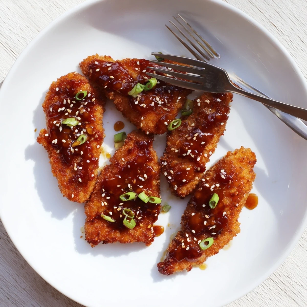 Plate of Double Crunch Honey Garlic Chicken garnished with fresh green onions