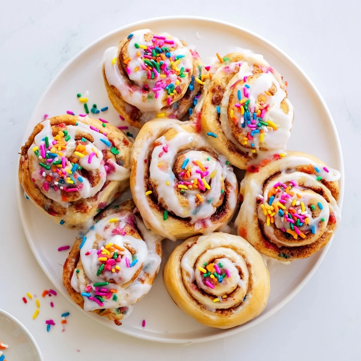 Golden Funfetti cinnamon sprinkle rolls topped with vanilla glaze and colorful rainbow sprinkles on a white plate