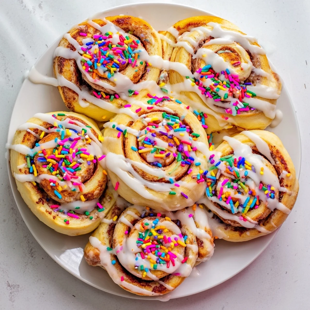 Soft freshly baked Funfetti cinnamon rolls swirled with buttery cinnamon sugar filling and festive sprinkles