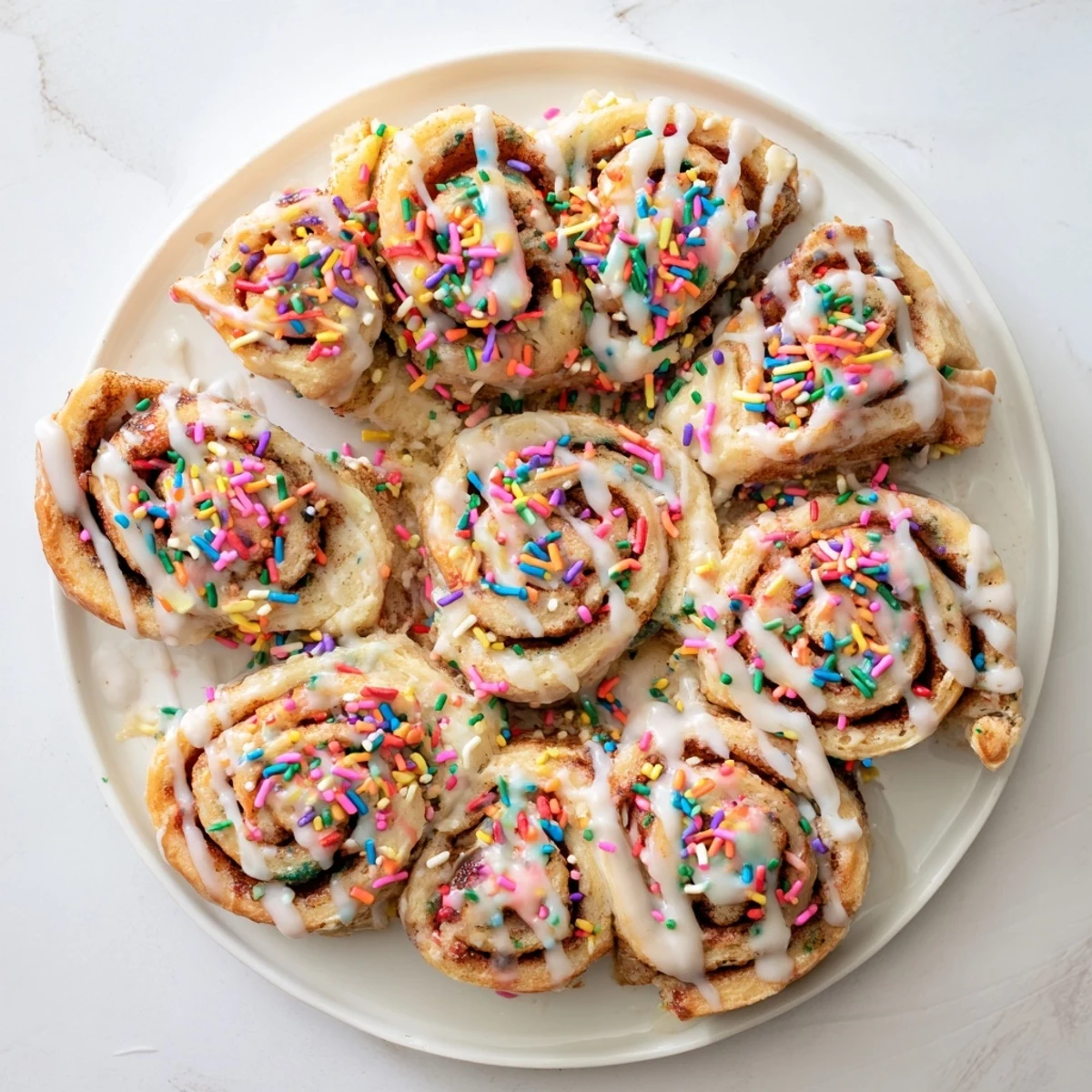 Warm Funfetti cinnamon sprinkle rolls drizzled with sweet vanilla icing and extra rainbow sprinkles for breakfast