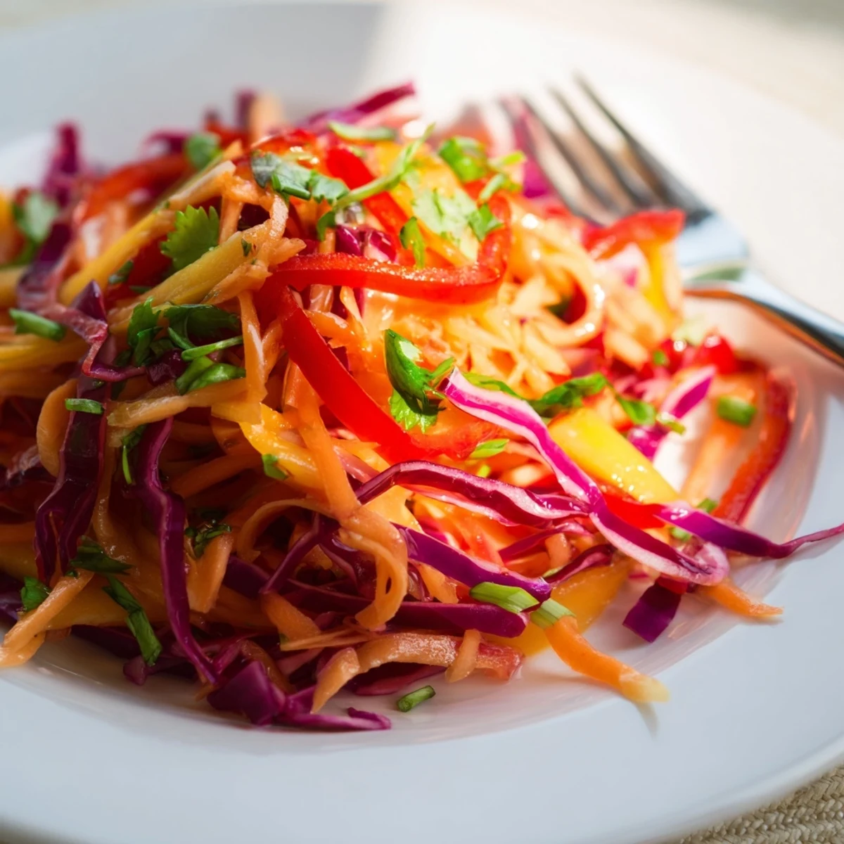 Colorful mango slaw bowl with crunchy red cabbage, carrots, and zesty lime dressing
