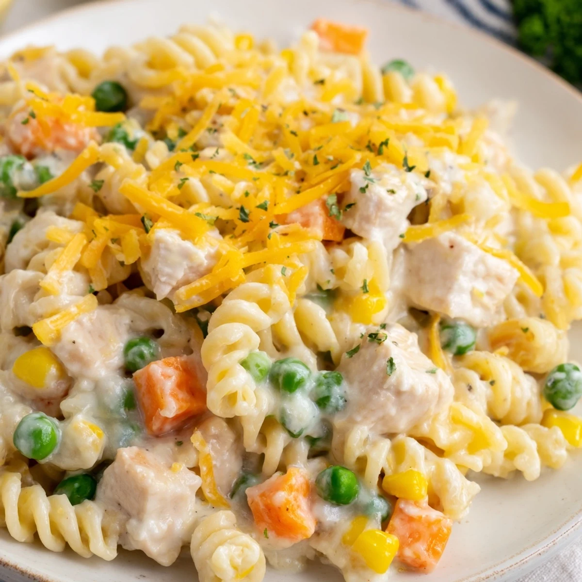 Creamy chicken pot pie pasta in a white bowl with tender peas and carrots