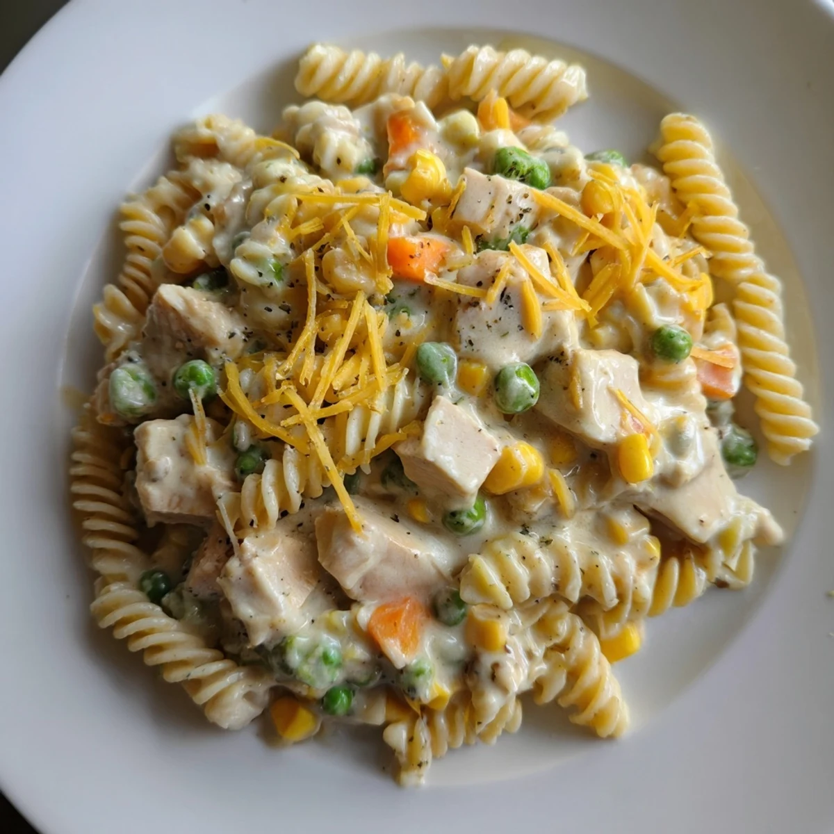 Golden chicken pot pie pasta with rotini, vegetables, and melted cheese topping
