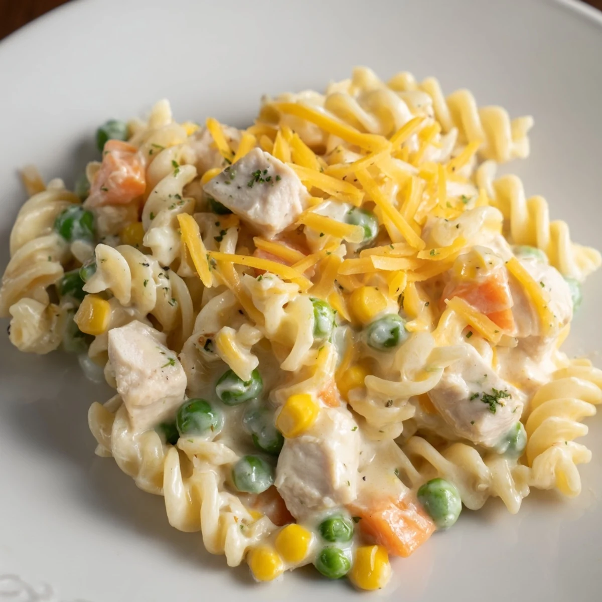 One-pan chicken pot pie pasta tossed in savory sauce with shredded cheddar cheese