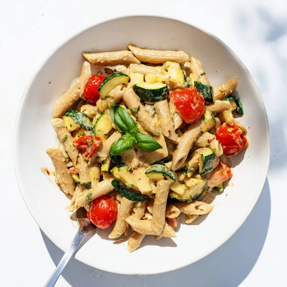 Plate of healthy cottage cheese pasta featuring zucchini, cherry tomatoes, and spinach garnished with lemon zest