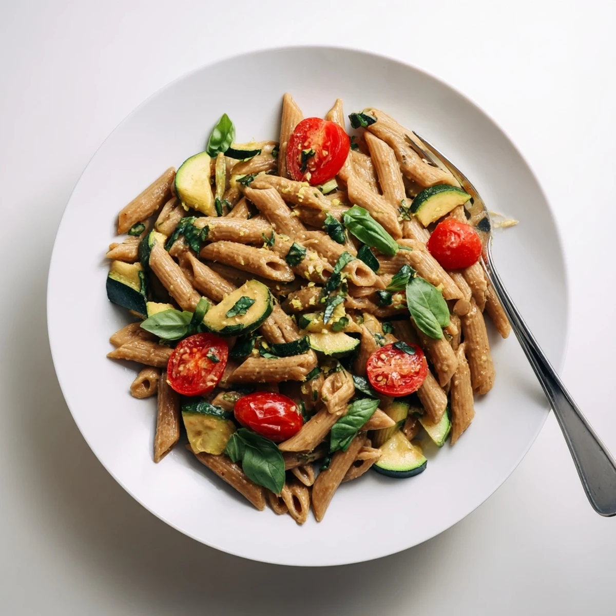 Creamy healthy cottage cheese pasta tossed with colorful vegetables and fresh basil in a white bowl