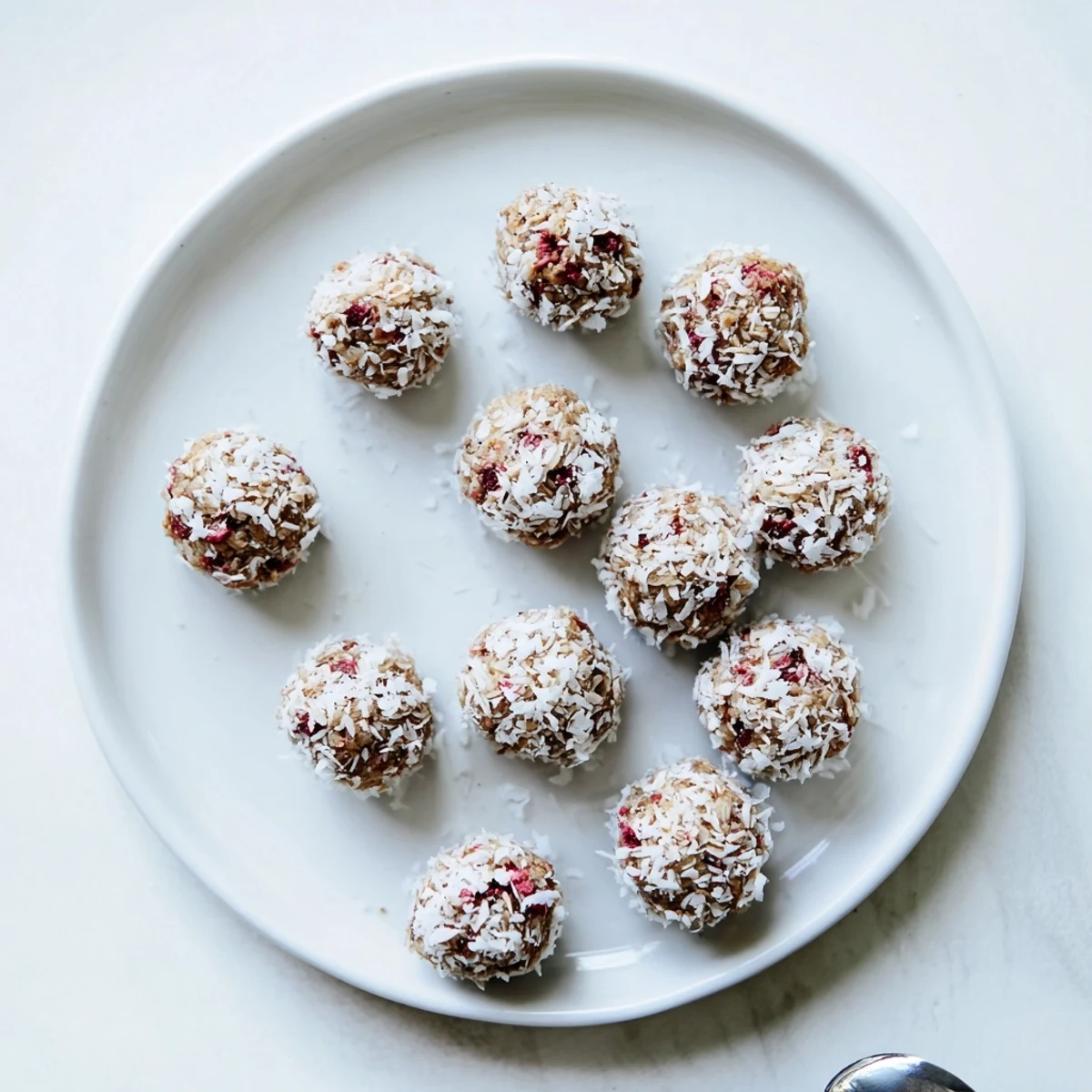 Fresh strawberry oat coconut balls rolled in coconut flakes on a white plate