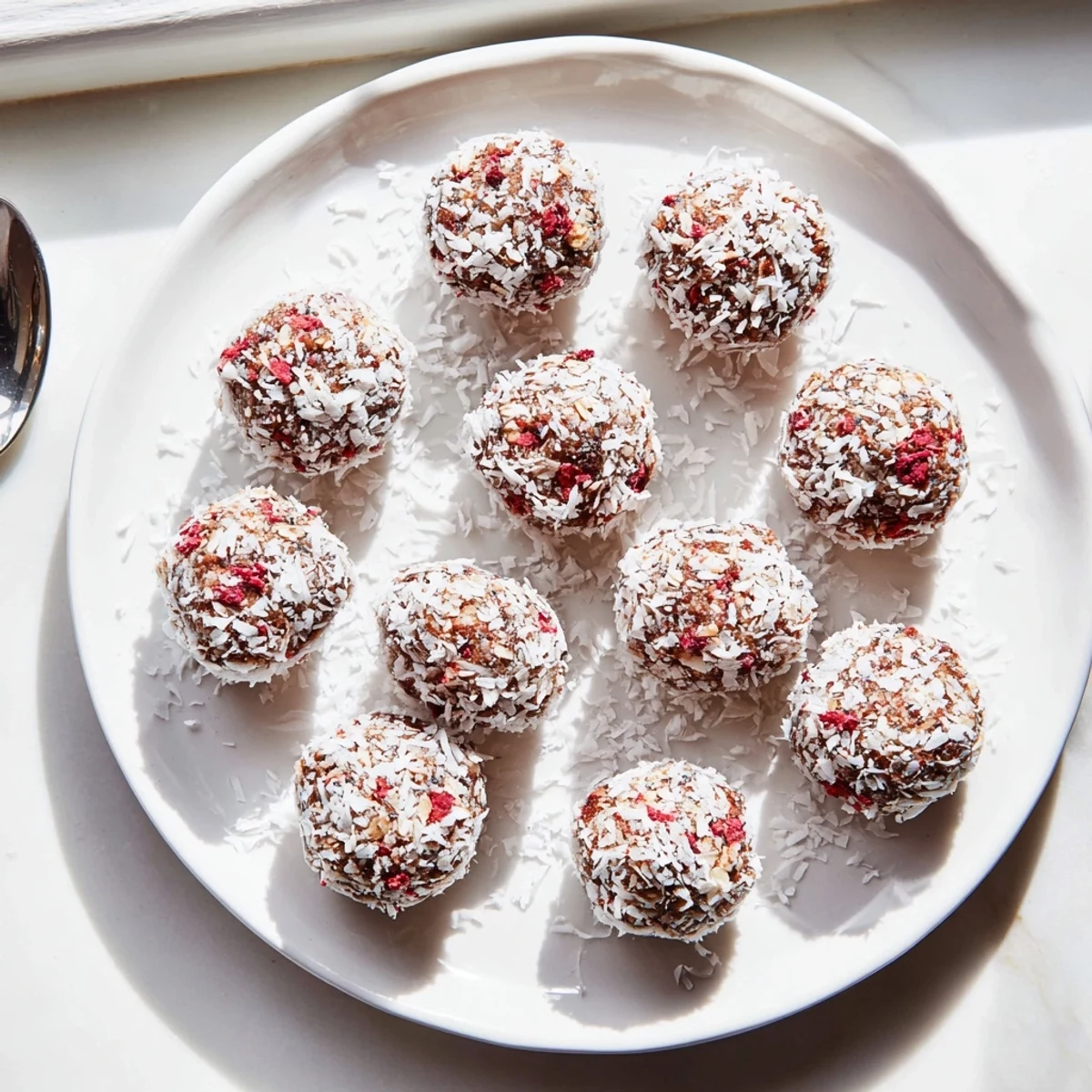 No-bake strawberry oat coconut balls arranged on a wooden board with fresh strawberries