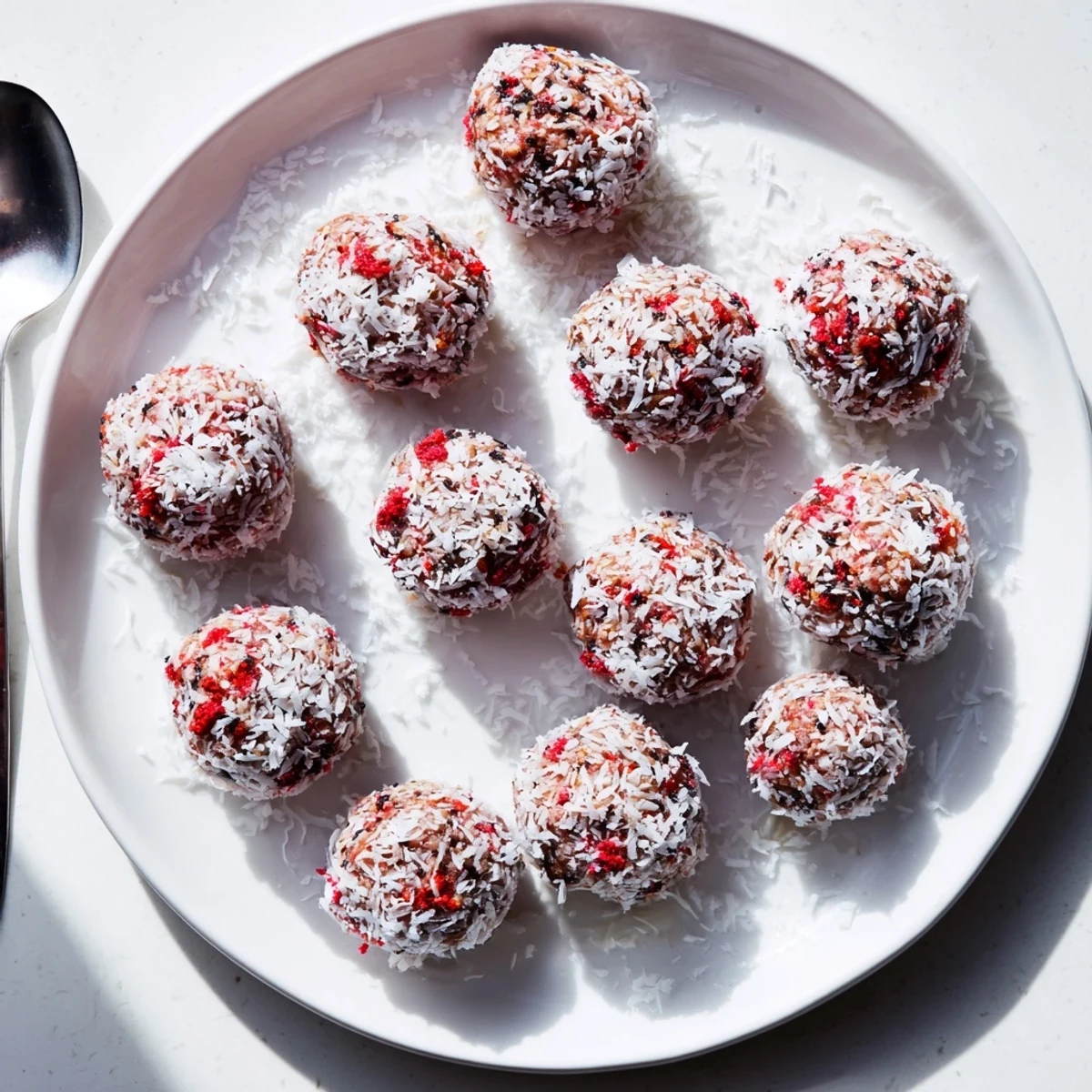 Bite-sized strawberry oat coconut balls coated in shredded coconut ready for healthy snacking